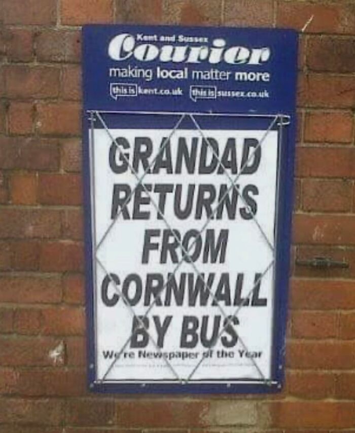 Kent and Sussex Courier headline about grandad returning from Cornwall by bus