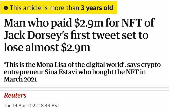 Headline on NFT buyer losing almost $2.9m investment