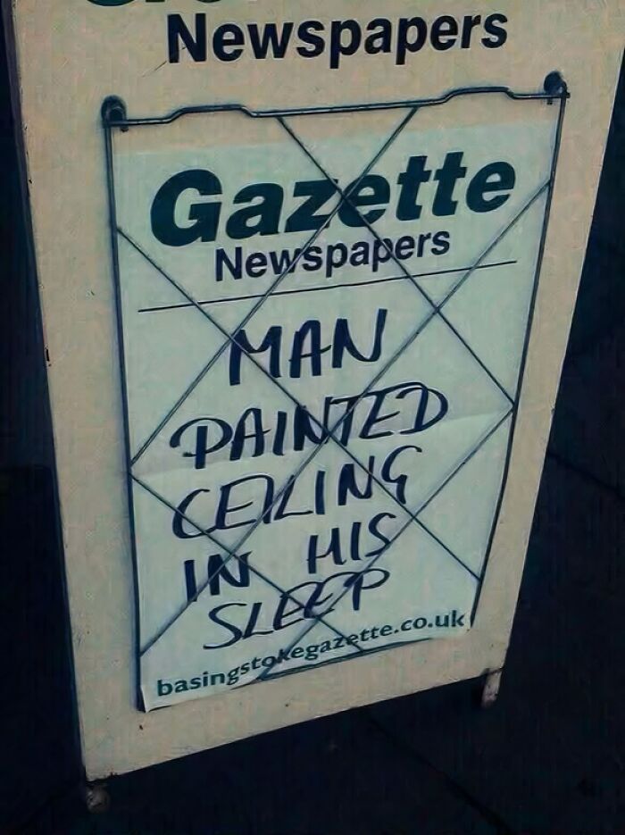Humorous headline about man painting ceiling in his sleep