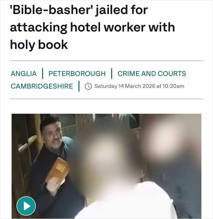 Humorous crime headline about bible-basher jailed for attacking hotel worker