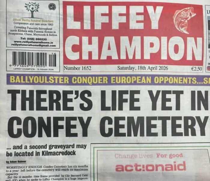 Funny newspaper headline about life in Confey Cemetery and graveyard expansion