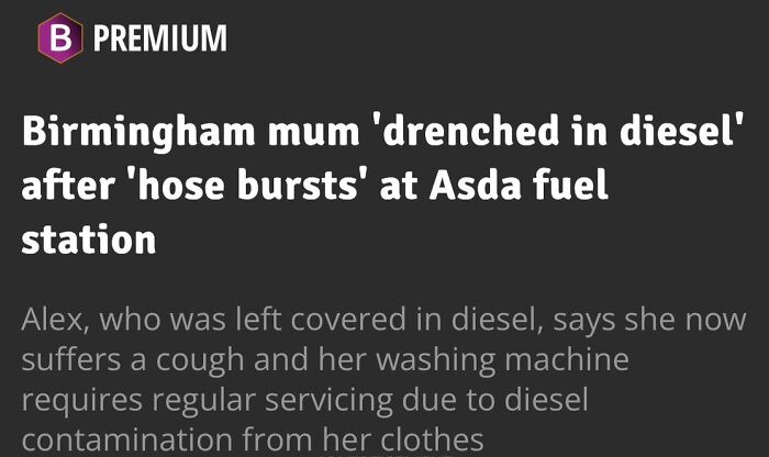 Funny article headline about Birmingham mum drenched in diesel at fuel station