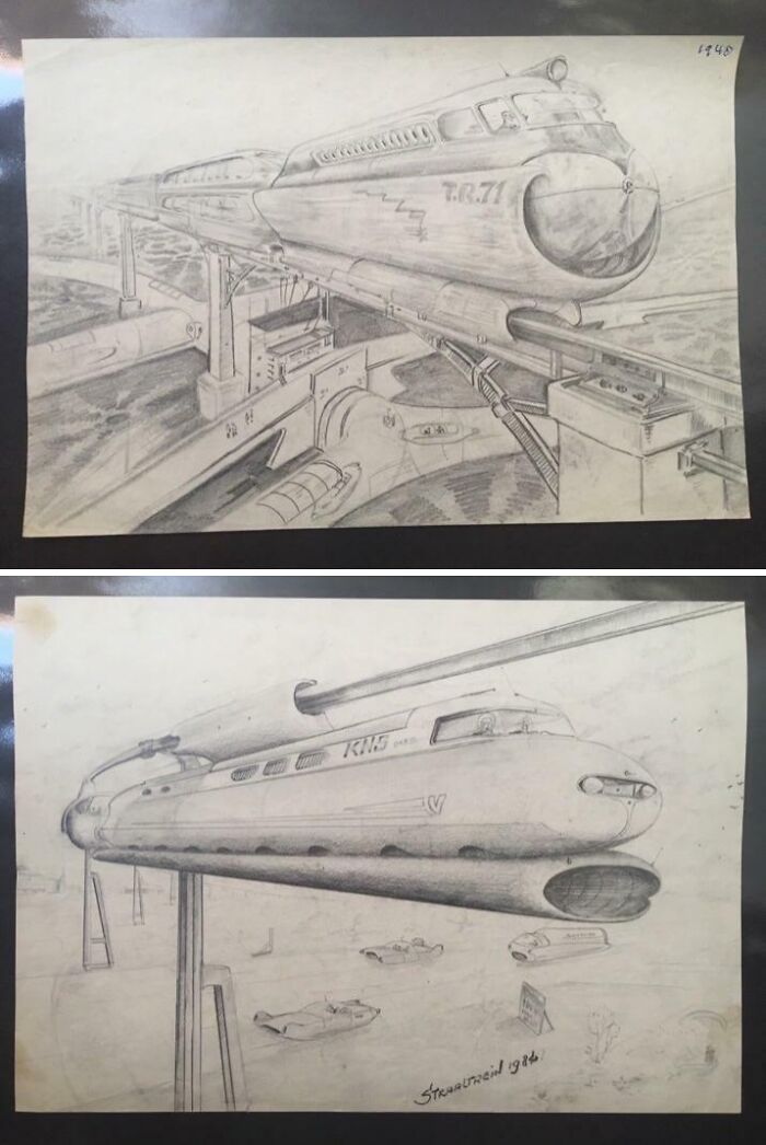 Retrofuturism pencil sketches of futuristic elevated trains from 1940s
