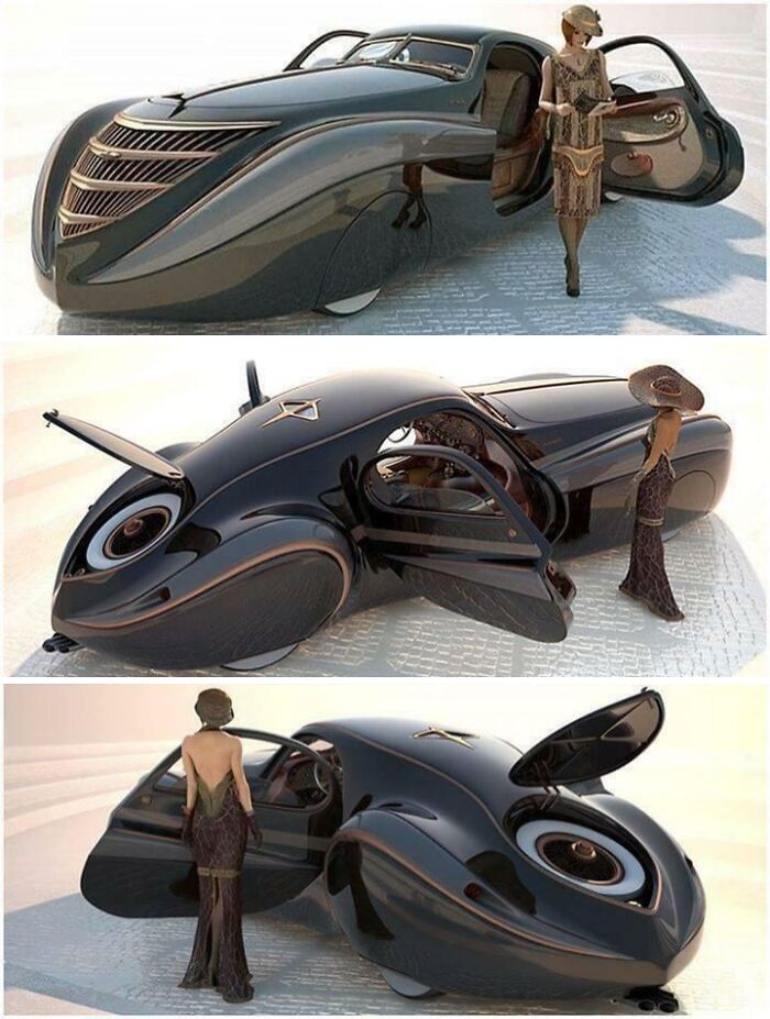Futuristic black streamlined car with art deco design and a woman standing by the open door