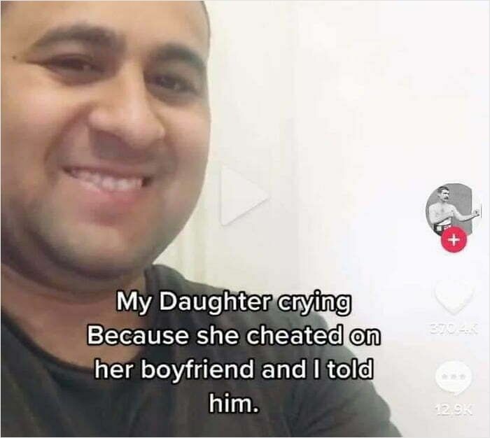 Man smiling with text about daughter crying after cheating and confession