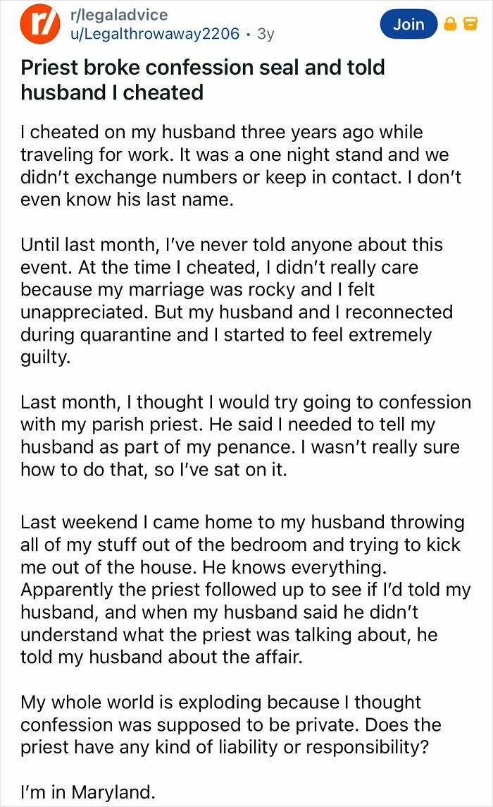 Reddit post about priest breaking confession seal revealing cheating to husband