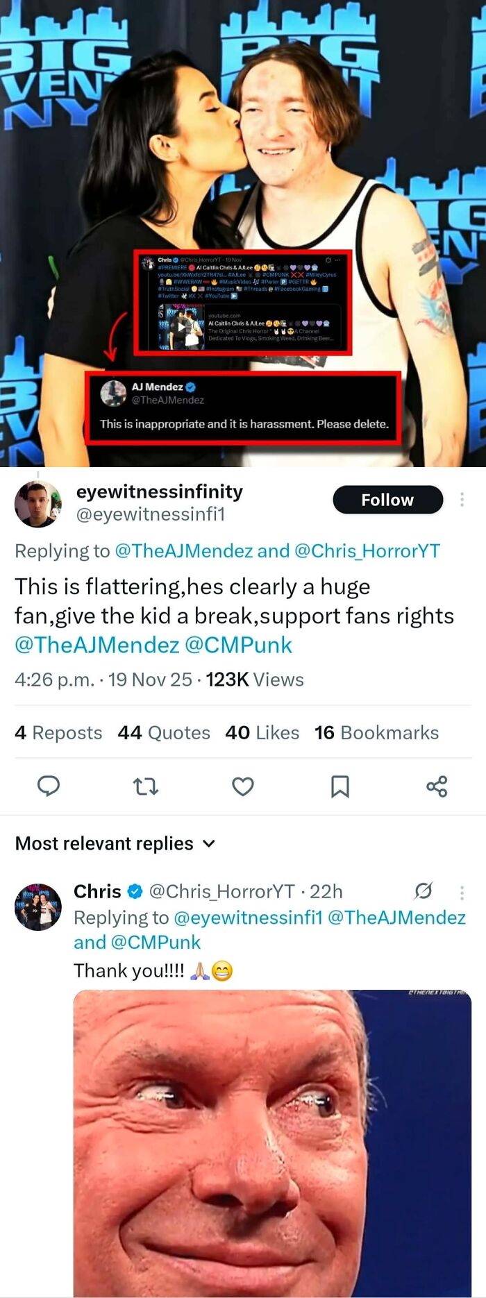Woman kissing man with acne, overlay of tweet about harassment on social media post