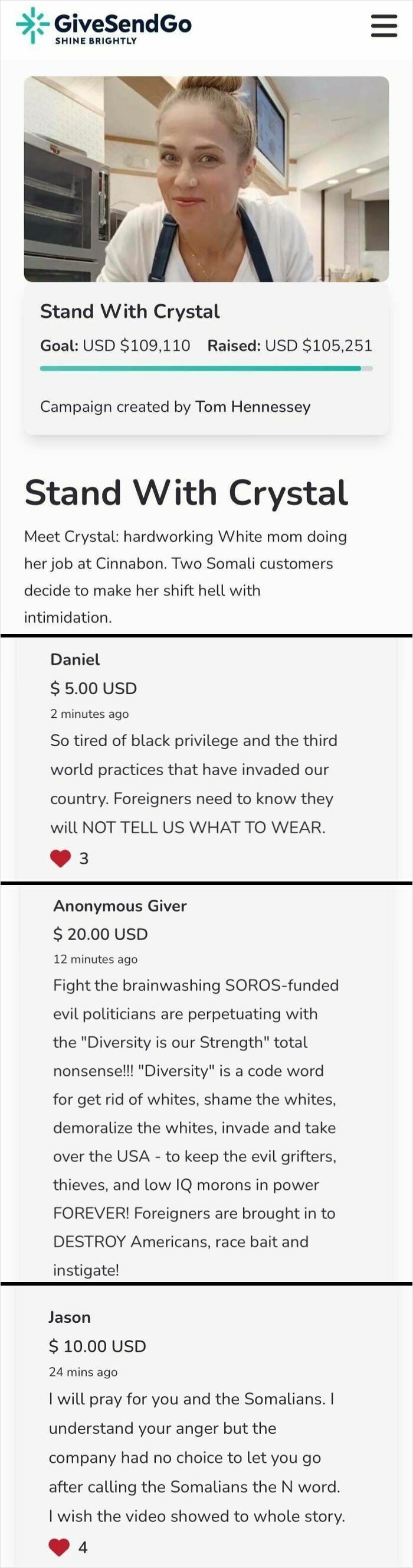GiveSendGo campaign page for Stand With Crystal fundraiser during public embarrassment