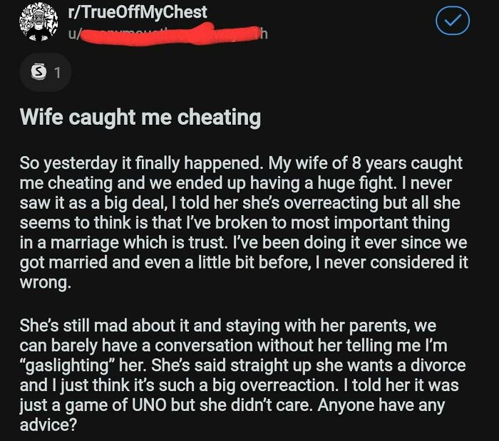 Reddit post describing wife catching husband cheating and arguments