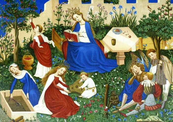 Medieval artwork showing people in a garden