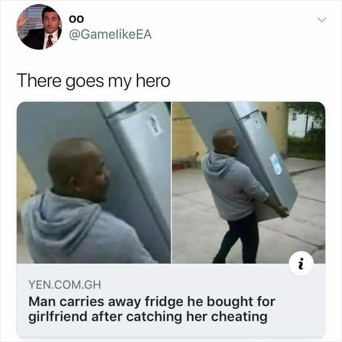 Man carrying fridge after catching girlfriend cheating headline