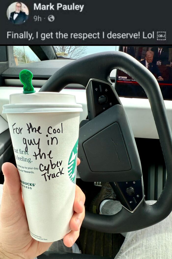 Starbucks cup with note for cool guy in cyber truck public embarrassment