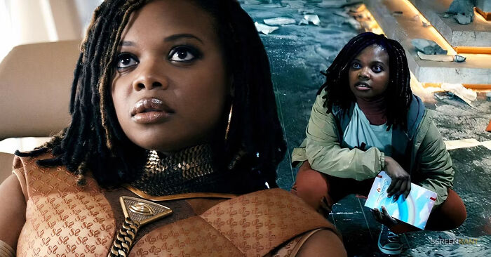 A split image showing a woman in two different outfits, both highlighting nonsensical movie details.