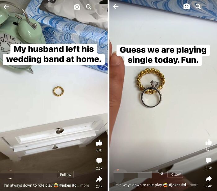 Wedding rings on a table with text about husband leaving his wedding band at home for cheating story