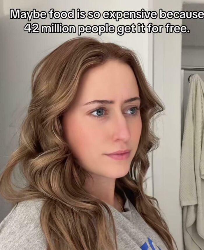 Woman with text about food prices and free food recipients