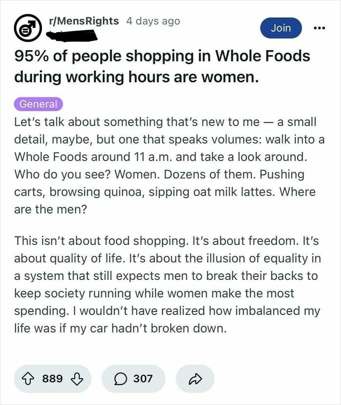 Reddit post about women shopping at Whole Foods public embarrassment