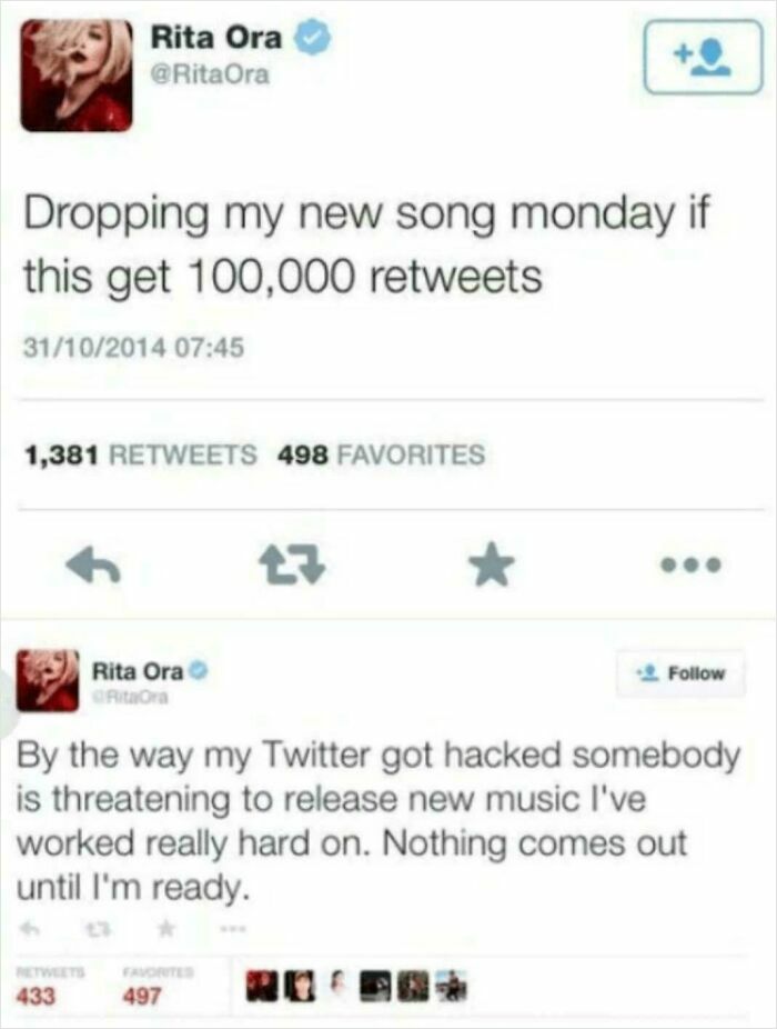 Tweet from Rita Ora about new song release and Twitter hack