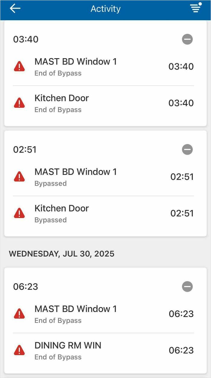 Screenshot of home security alerts for windows and doors with cheating stories relevance