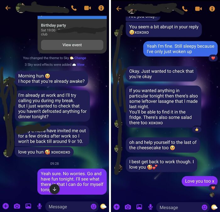 Text message screenshots showing a conversation about going out and checking on dinner plans with cheating stories keyword