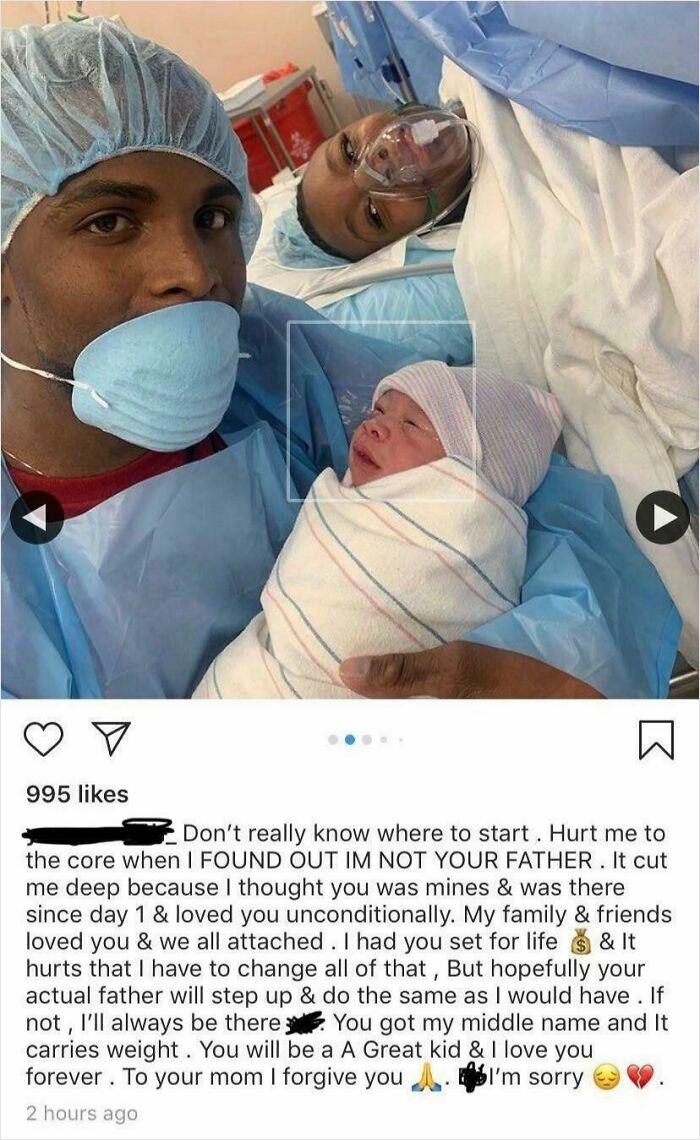Man holding newborn baby with social media post about paternity cheating