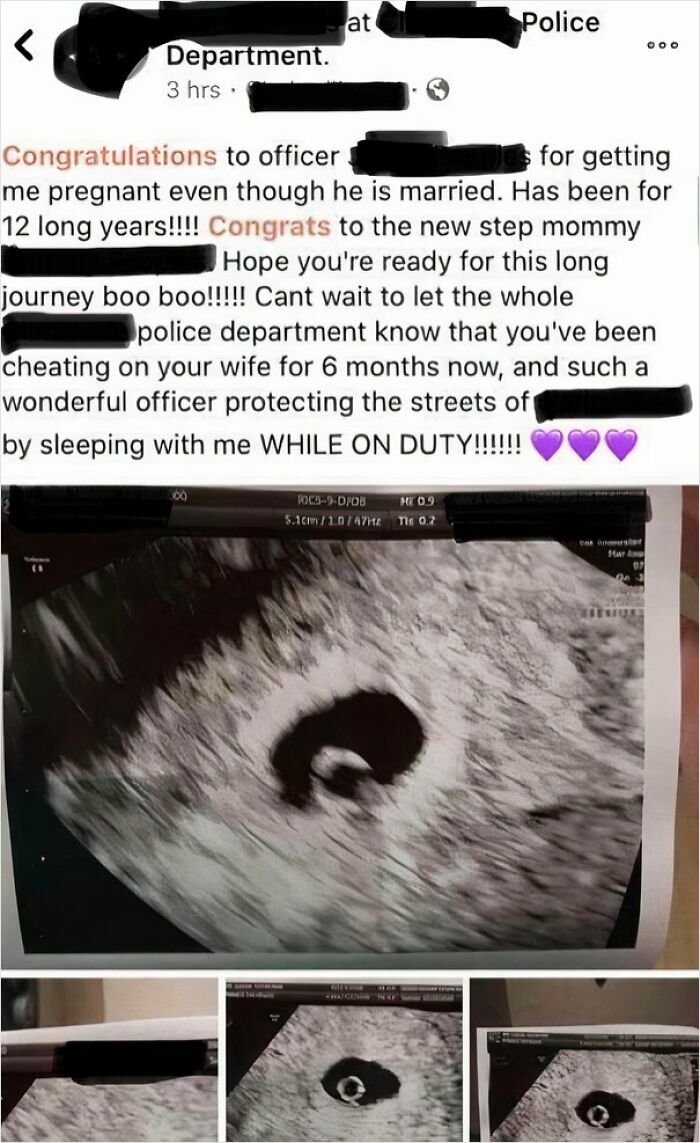 Social media post revealing police officer cheating with ultrasound image