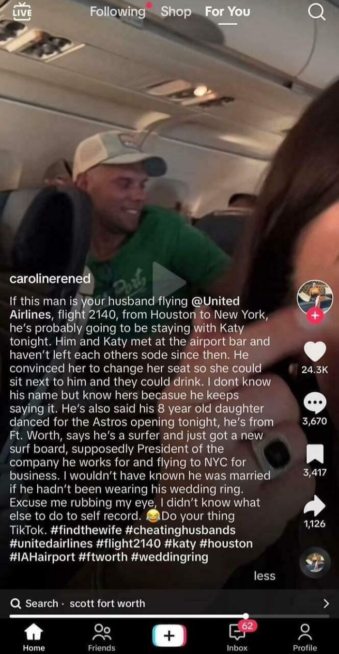 TikTok video exposing cheating husband on United Airlines flight