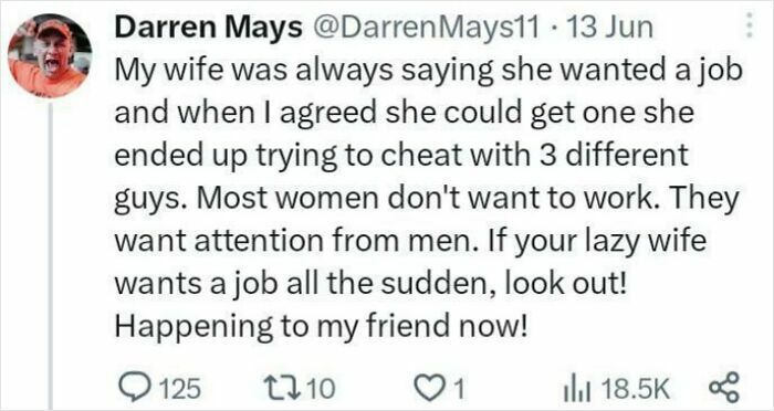 Tweet about wife wanting a job but trying to cheat with three men