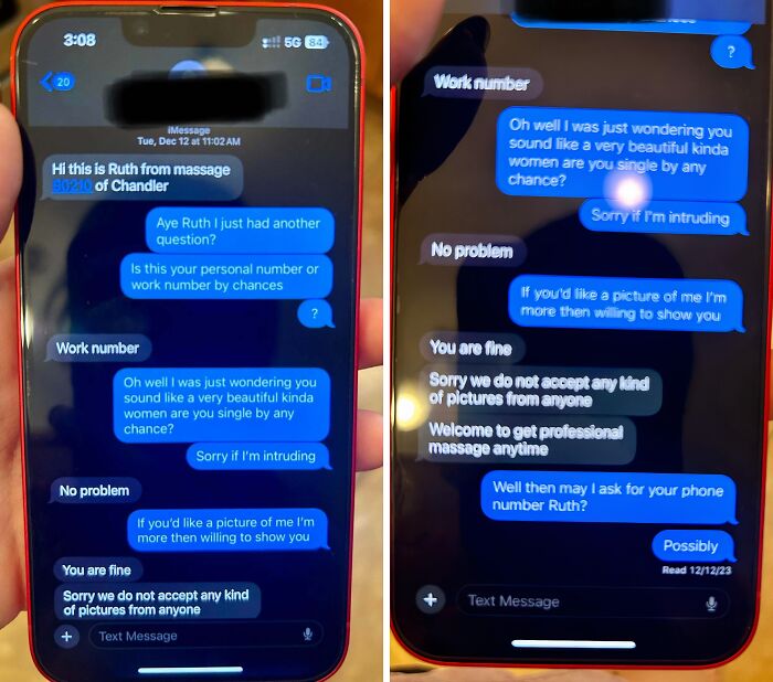 Text message conversation about work number and refusing pictures in cheating story