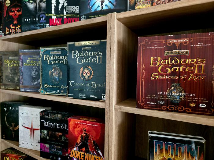 A shelf full of classic video game boxes like Baldur's Gate II and Quake, evoking 90s kids nostalgia.