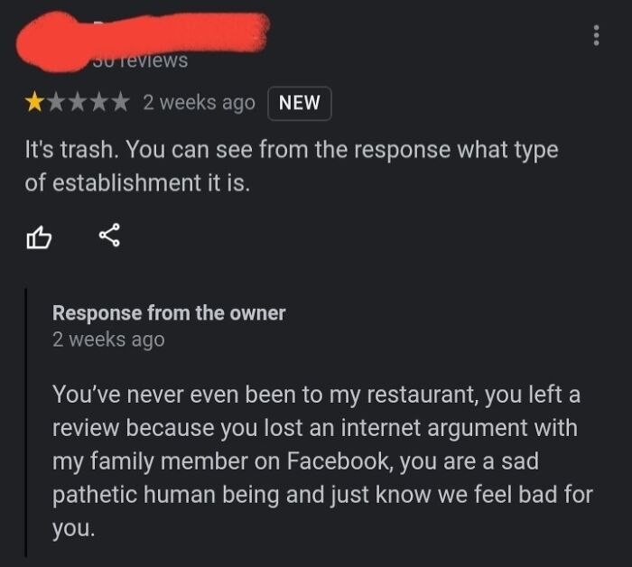 Restaurant owner responds to fake negative review with harsh reply