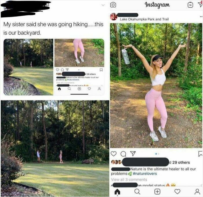 Woman falsely claiming hiking on social media backyard photos
