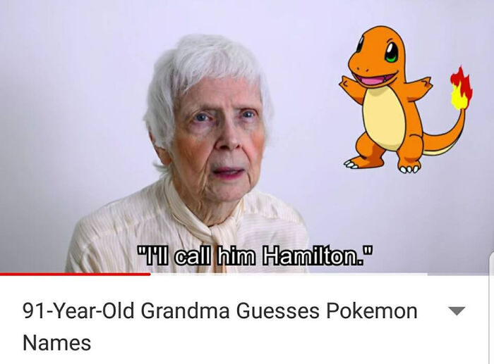 An elderly woman identifies a Charmander as Hamilton, a Blessed Image for a soul-healing moment of positivity.