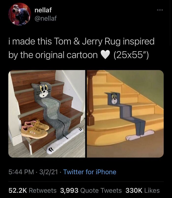 A Tom & Jerry rug on stairs next to the cartoon inspiration, bringing soul-healing positivity.