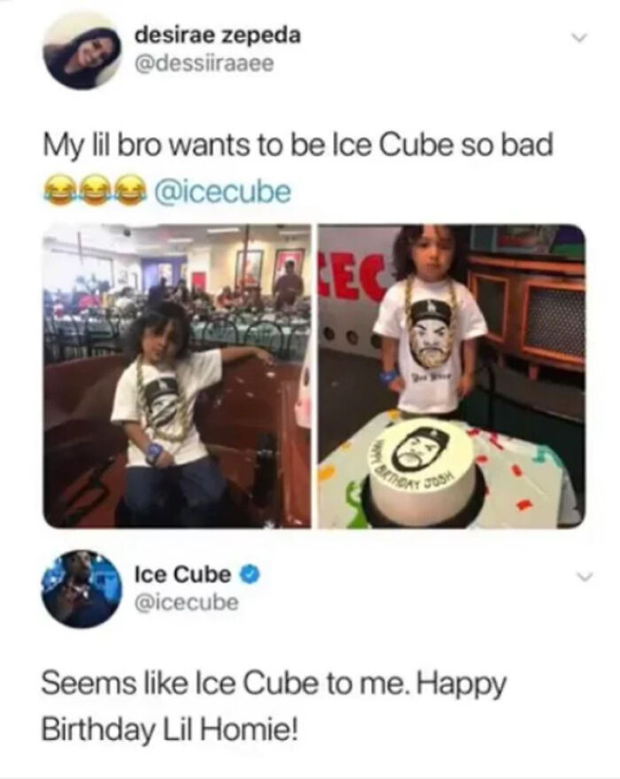 A blessed image of a child dressed as Ice Cube for his birthday, with a matching cake, receiving a happy birthday message from Ice Cube himself, full of positivity.