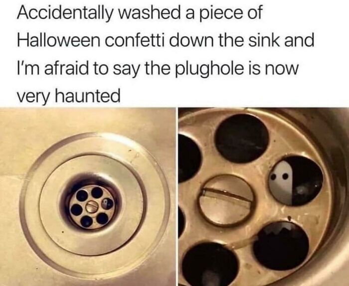 A Halloween ghost confetti piece appears to haunt a sink drain. This blessed image brings positivity and a smile.
