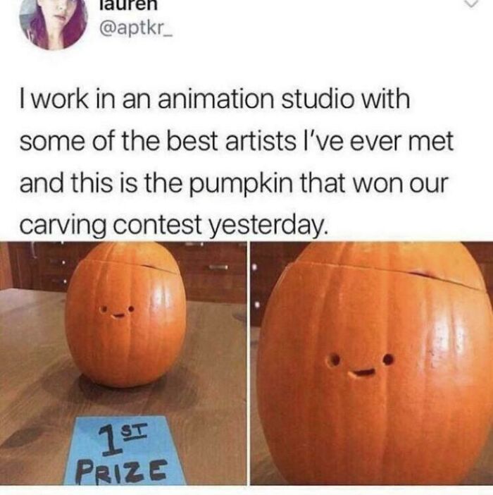 A simple pumpkin with a tiny, happy carved face, a 1st prize ribbon, and a close-up of its sweet expression. Soul-healing positivity.
