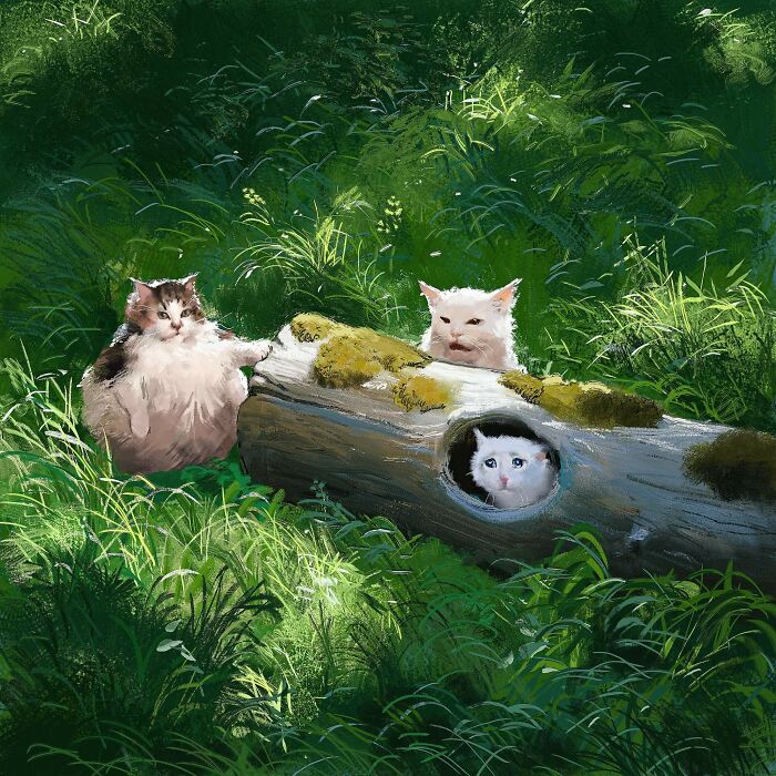 Three funny cats in a lush green forest with a log. Blessed images of positivity for a better day.