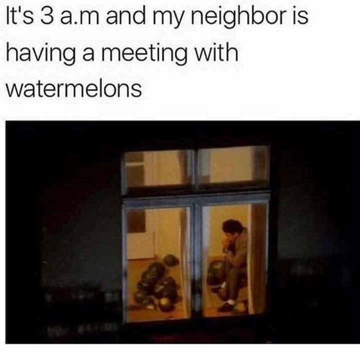 A funny meme shows a person watching their neighbor having a meeting with watermelons at 3 AM. Soul-healing positivity.