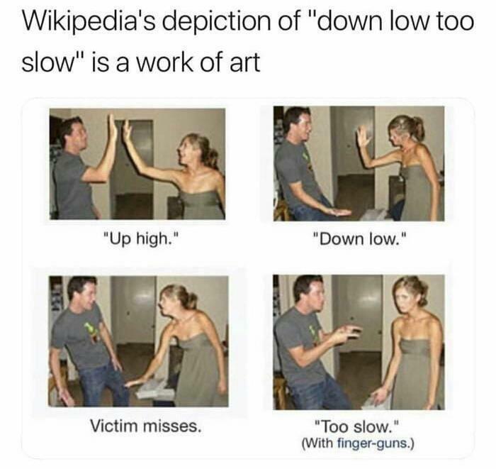 A four-panel meme depicting a man tricking a woman with a high-five, resulting in a Too Slow gesture. Soul-healing images for positivity.