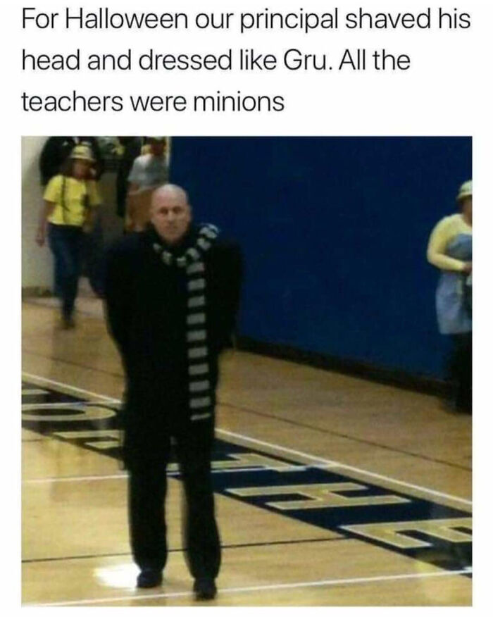 Blessed Images of a principal dressed as Gru with teachers as minions for Halloween, spreading positivity.