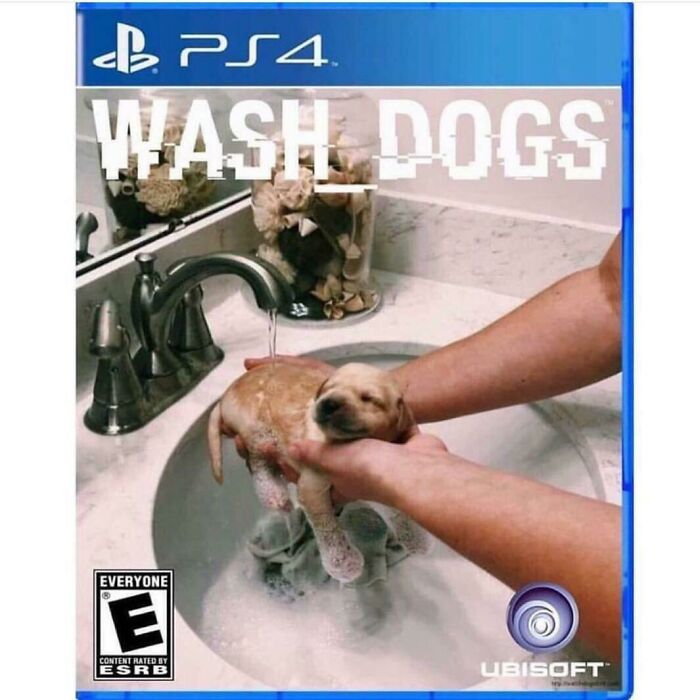 A PS4 game cover for Wash Dogs, showing hands gently bathing a sleepy puppy in a sink. A blessed image of positivity.
