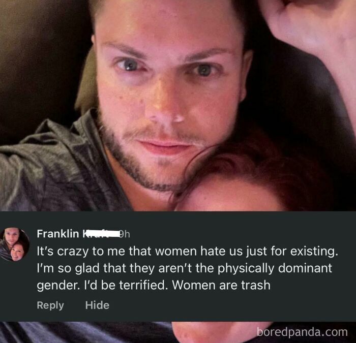 A man and woman cuddling, with a comment from the man showing a lack of self-awareness about women.