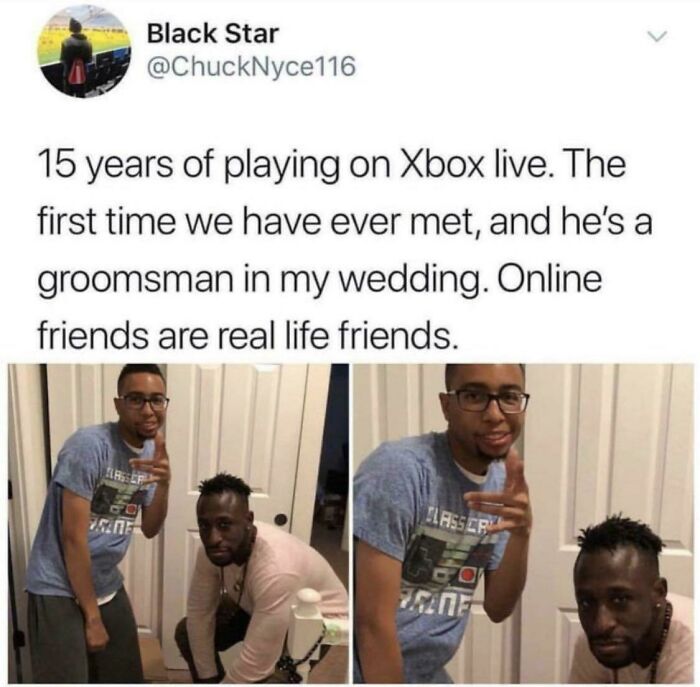 Two men, one standing, one crouching, smiling. A Blessed Image showing how online friendships become real-life connections, full of positivity.