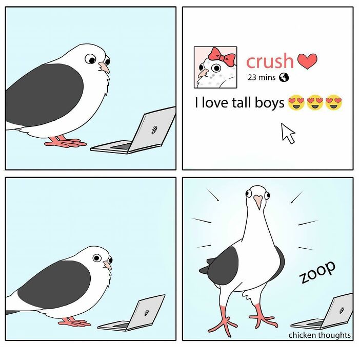 A pigeon reading a social media post that says "I love tall boys," then stretching to appear taller, a blessed image bringing positivity.