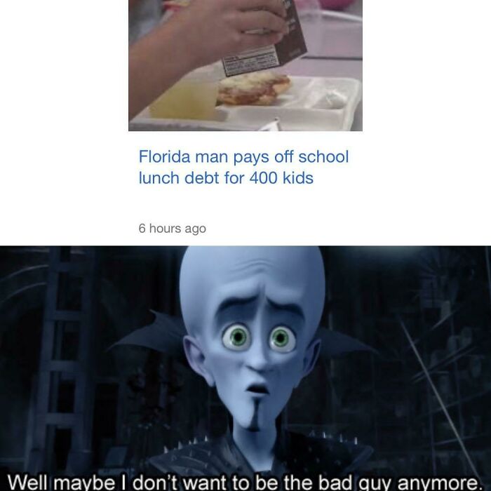 Blessed Images: Megamind reacts with surprise to a headline about a Florida man paying school lunch debt, bringing positivity.