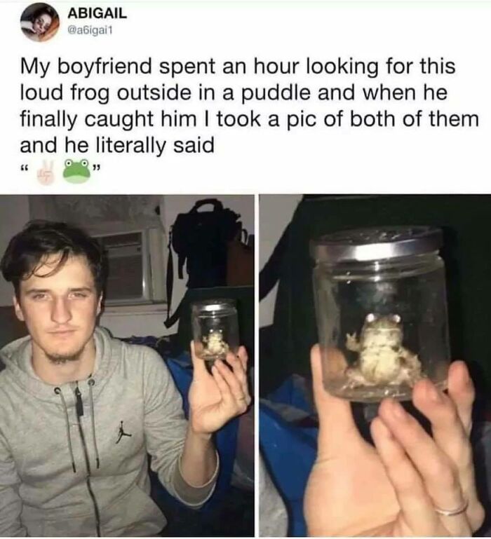 A blessed image showing a man holding a jar with a captured frog, making his day better with positivity.