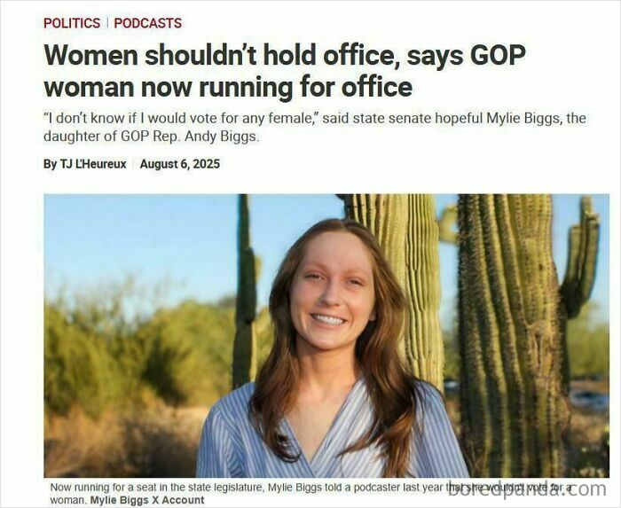 Mylie Biggs, a political candidate with long brown hair, smiles in front of saguaro cacti, displaying almost self-awareness.