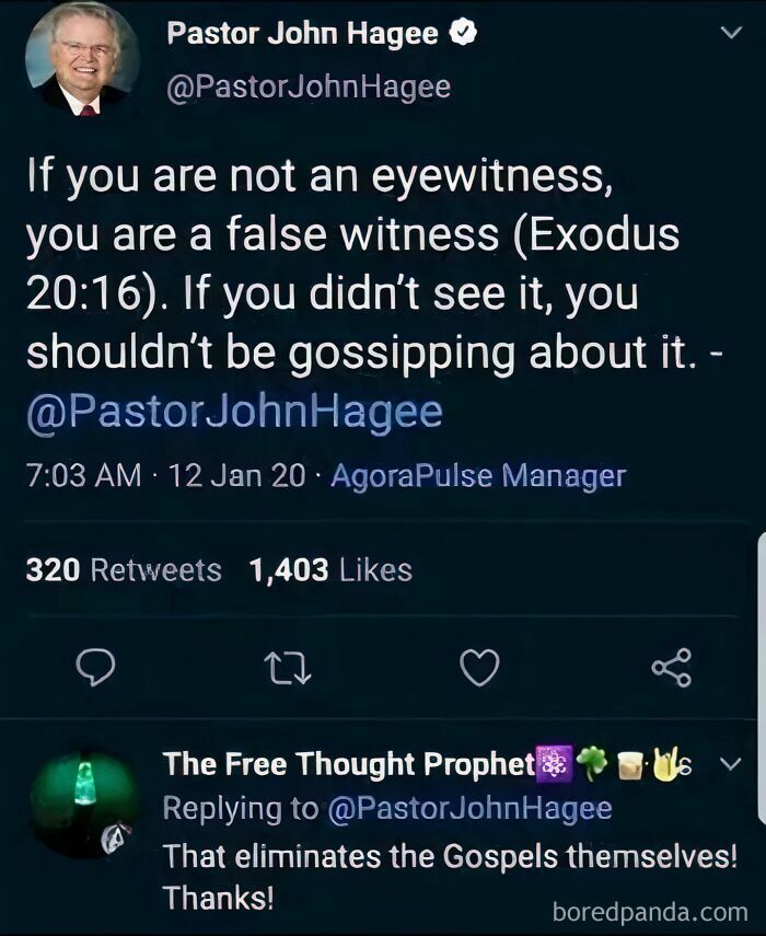 Tweet from Pastor John Hagee and a reply, demonstrating almost self-awareness in the exchange about false witnesses.