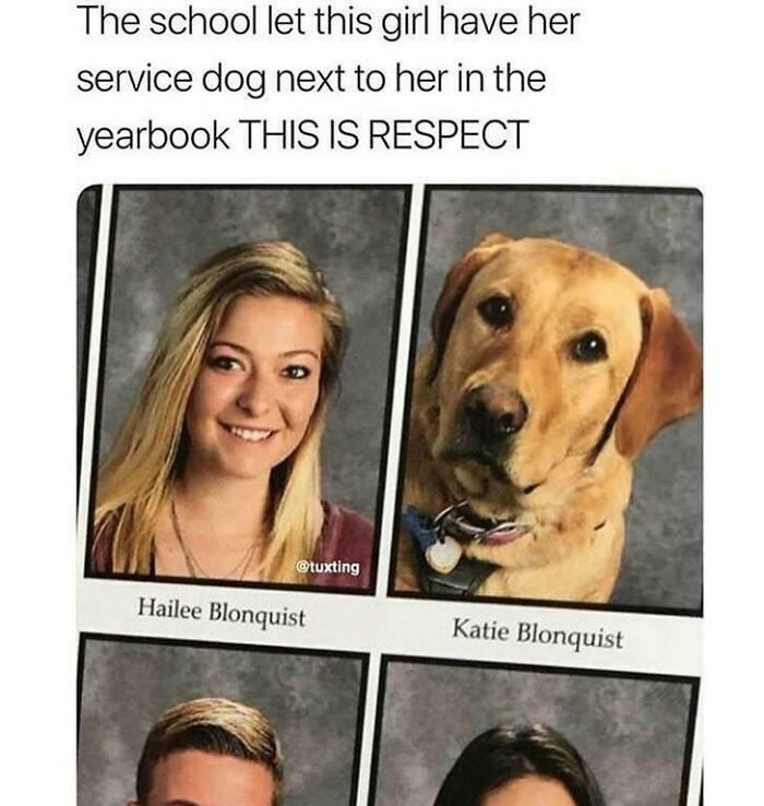 Blessed Images: A girl smiling in her yearbook photo next to her service dog, Katie. This post brings positivity.