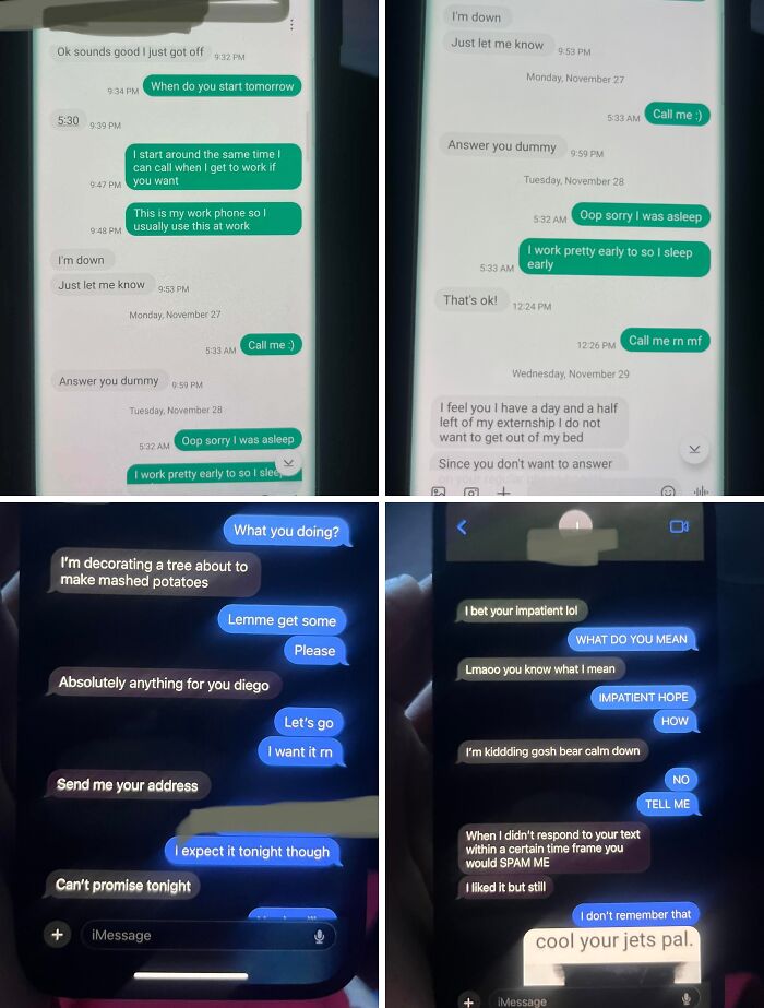 Screenshots of cheating stories with text message conversations about dates and messages